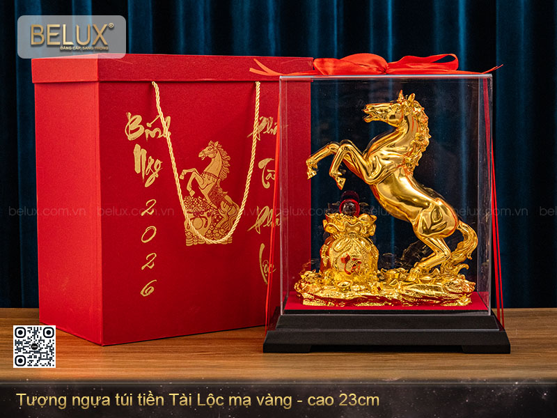 Tượng ngựa túi tiền tài lộc mạ vàng 24k